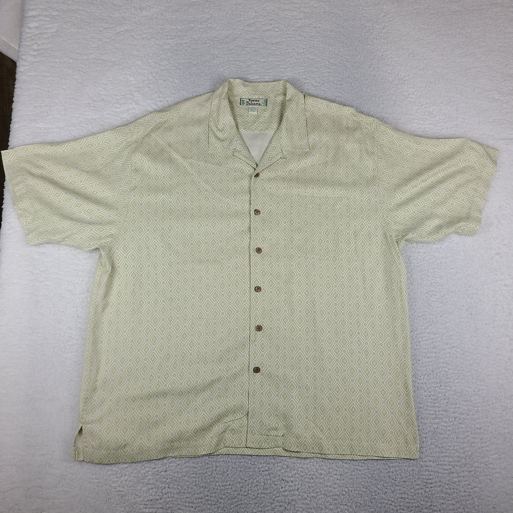 Tommy Bahama Shirt Mens 2XL XXL Beige Geometric Silk Preppy Hawaiian Button Up
